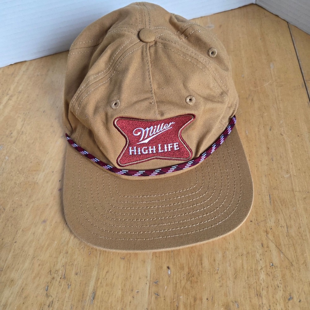 Miller High Life Beer Hat Trucker Snapback Tan Roped Patch Logo Retro Style Cap